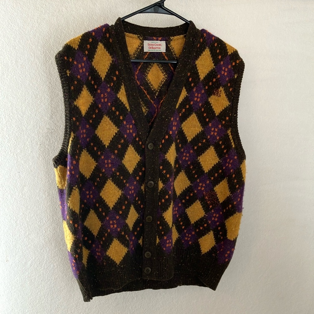 Vintage 90s Men's Benetton Knit Argyle Blue Purple Yellow Sweater Vest M